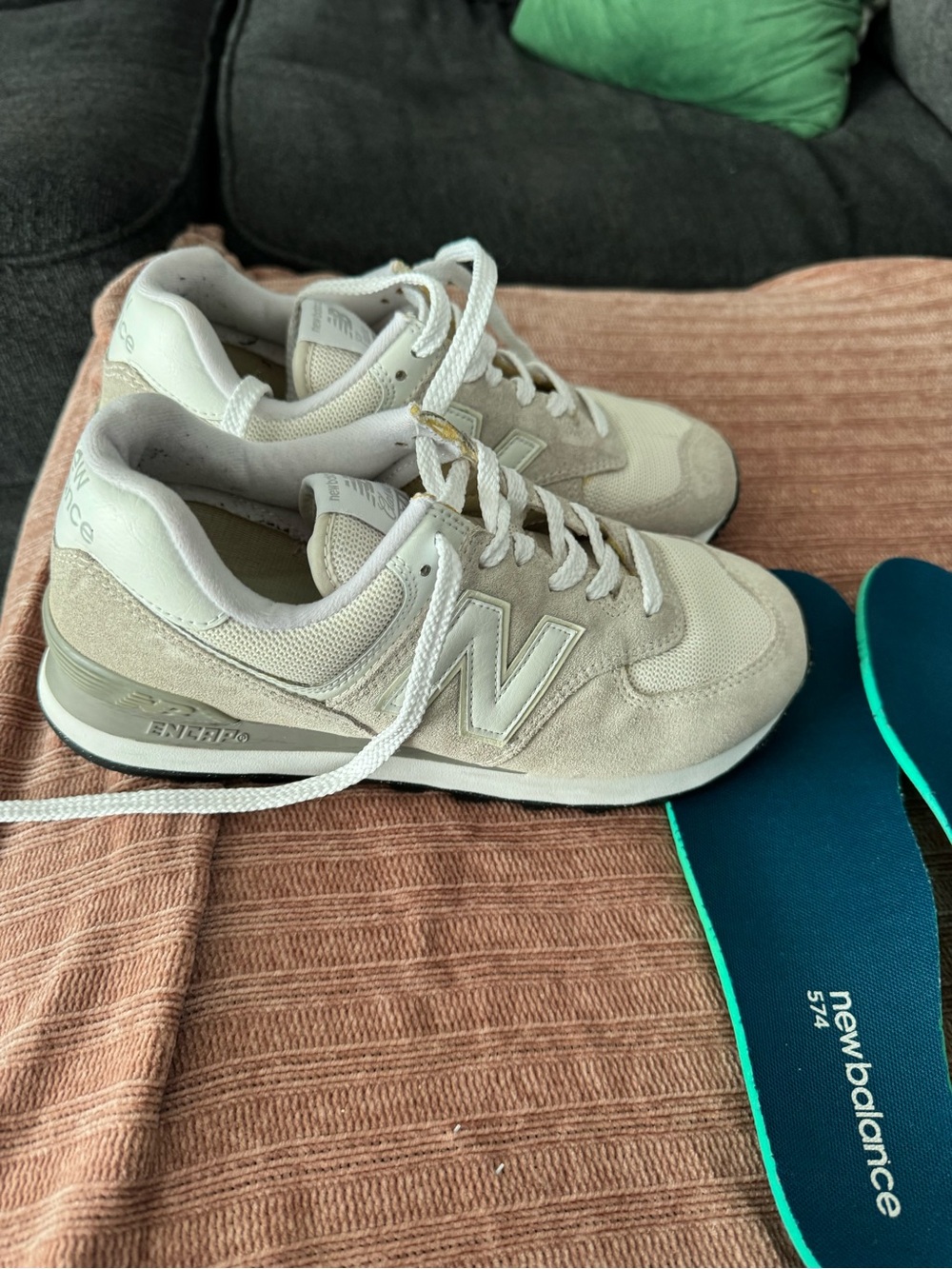 New Balance Women's 574 Sneakers in Light Beige and White - Picture 2 of 3